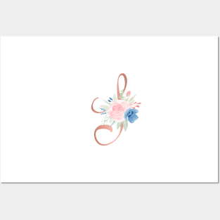 Letter S Rose Gold and Watercolor Blush Pink and Navy Posters and Art